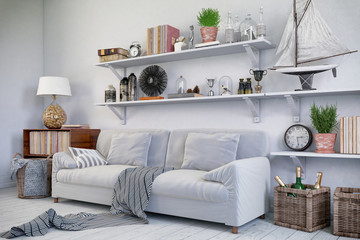 Skandinavisches, nordisches Wohnzimmer mit einem Sofa, Regalen und Deko.