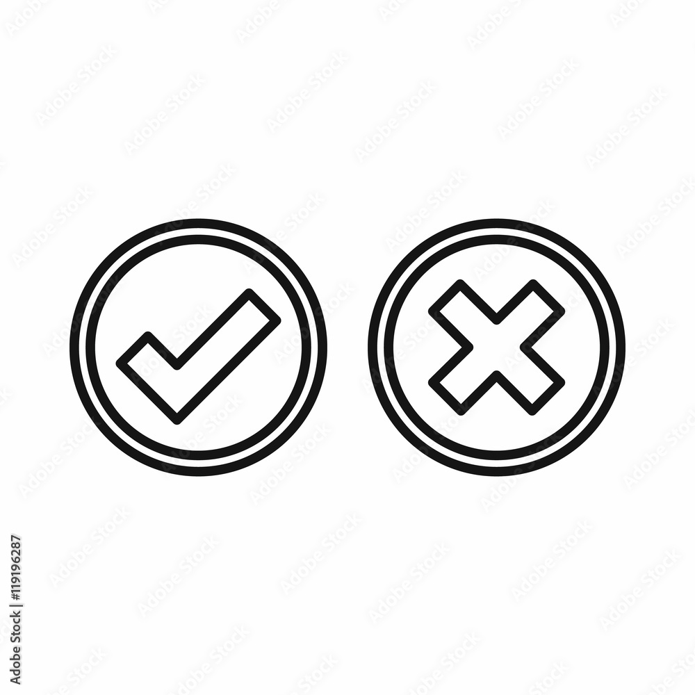 Poster tick and cross circle shape icon in outline style on a white background