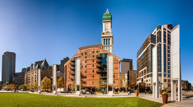 Boston skyline on a beautiful day with custom house tower