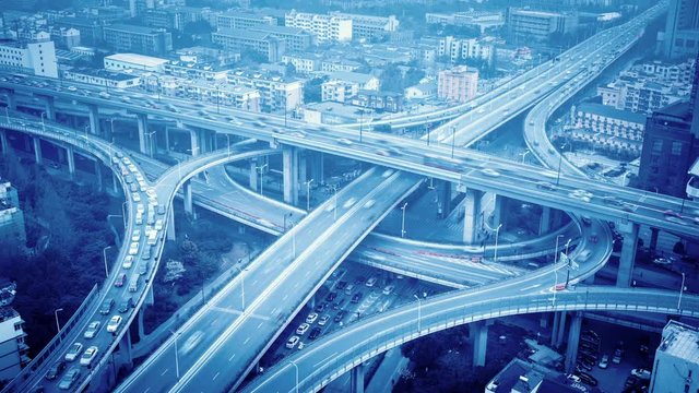time lapse of hangzhou overpasses ,city highway interchange closeup ,blue tone