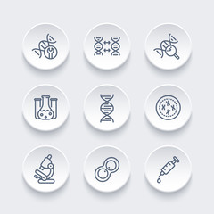 genetics line icons, dna chain, cell, research, lab, genetic modification, vector illustration