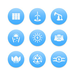 Power, energy production icons, nuclear, solar, wind, water energetics