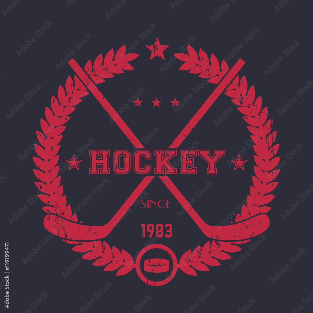 Wall mural hockey vintage emblem, logo with crossed sticks, red on dark