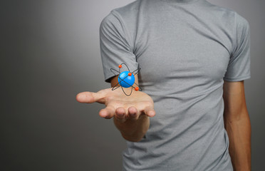 Man scientist with atom model, research concept