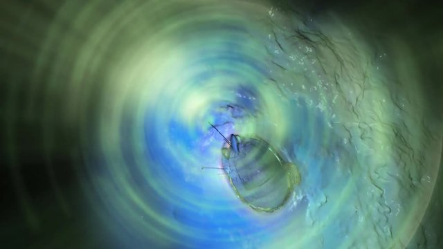 Spherical view mediates fantasy horizon with green light rings