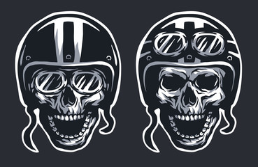 Skull biker in helmet and glasses.