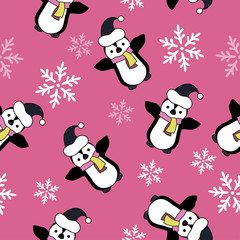 Seamless Christmas vector background with ornamental snowflakes and penguins. Print. Cloth design, wallpaper.