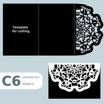 C6 paper openwork greeting card, template for cutting, lace invitation, card with fold lines, object isolated background, laser cut template, vector illustration