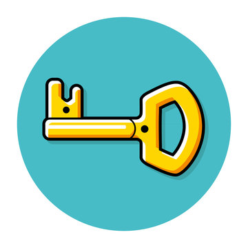 Yellow key cartoon round line icon on a blue background.