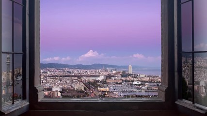 barcelona cityscape as seen from behind a window day to night timelapse at the sunset to night city lighting up  panorama traffic rushing 4k