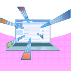 Social network on the laptop screen. Messages flying out of the screen notebook