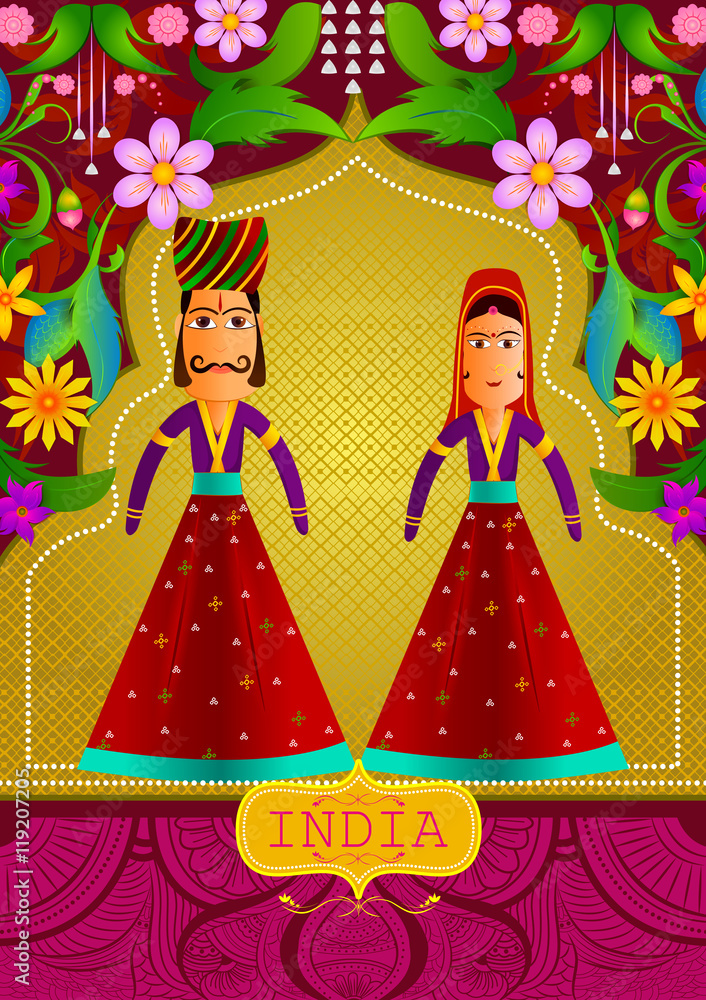 Poster floral background with indian puppet of king and queen showing incredible india