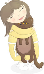 Girl hugging cat, friendship, cartoon vector illustration