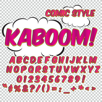 Creative high detail comic font. Alphabet in the style of comics. Letters and figures for decoration of kids
