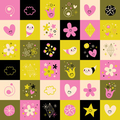 flowers hearts little smiling characters symbols design elements retro style