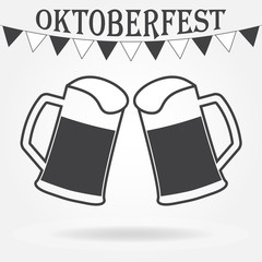Octoberfest beer symbol. Two glasses or beer mugs isolated on white background. Cheers icon or sign. Vector illustration.