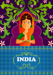 Floral background with Welcome gesture hands of Indian woman showing Incredible India