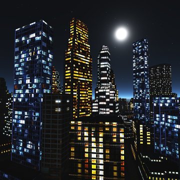 night city. Moon over skyscrapers.
