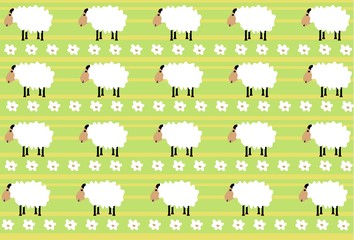 Pattern of white sheep with black legs on the green background with white flowers in vector