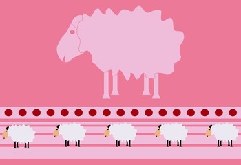 The big sheep in the middle and small sheep below on pink background
