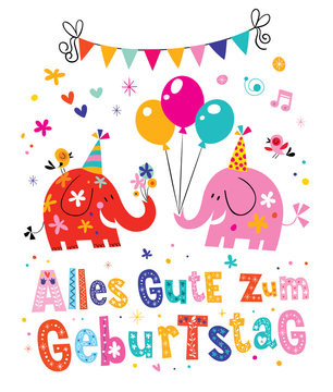 Alles Gute zum Geburtstag Deutsch German Happy birthday greeting card with cute elephants