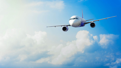 Airplane with background of cloudy sky, exploration conceptual