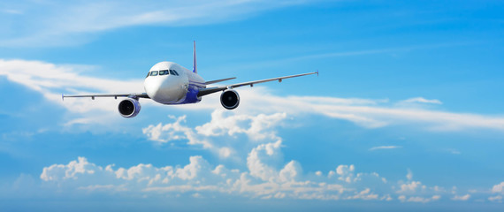 Airplane with background of cloudy sky, exploration conceptual
