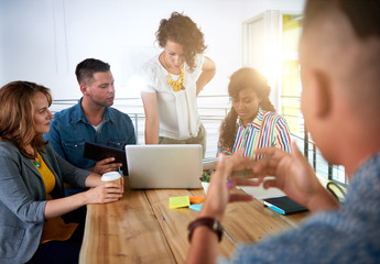 Fototapeta premium Multi ethnic group of succesful creative business people using a laptop during candid meeting