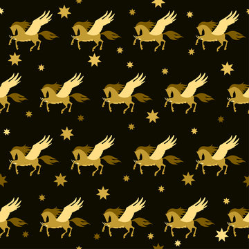 Pegasus horse abstract seamless pattern background. Golden pegas