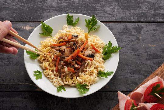 tasty noodles with mushrooms
