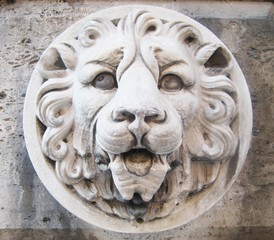 Stone lion head on the white old wall background