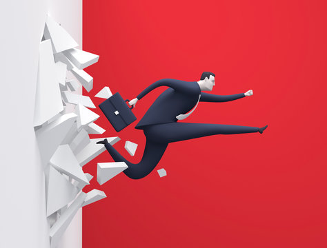 Breakthrough. Businessman breaking through a wall. Rendered business illustration