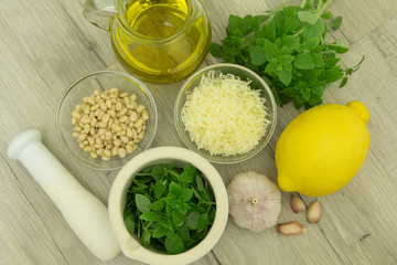 Ingredients for pesto sauce. Selective focus.