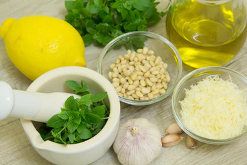 Ingredients for pesto sauce. Selective focus.