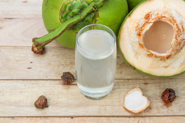 Fresh Coconut Water Drink in glass on wooden  background 