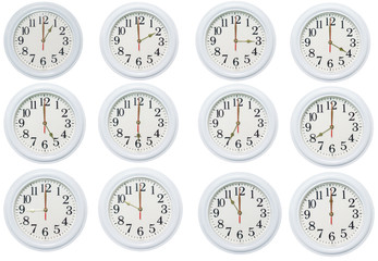 Set of white clocks isolated white background.