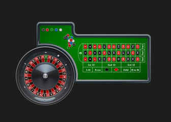 vector illustration of  roulette wheel with casino chips isolated on green  table realistic objects 3d with place for text eps 10 