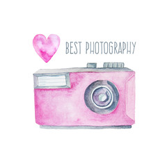 Watercolor photo camera and pink heart