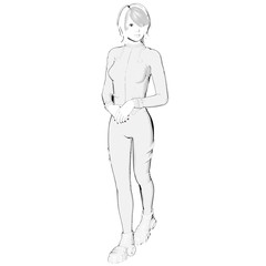 One young girl drawn in anime style. She is cute holding hands together and turning his head to the left