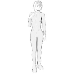 One young girl drawn in anime style. She stands in front of the camera and her right at her shoulder