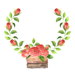 Watercolor frame with rose flowers and leaves