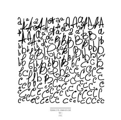 Large vector set of hand drawn with black liner letters, isolated on white background. Part 1 includes letter A, letter B and letter C. Collection of freehand letters in different shapes and styles.