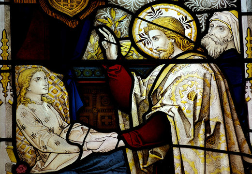 Jesus Christ Healing A Sick Girl In Stained Glass