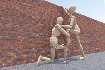 Team work. Two friends working together to overcome and obstacle