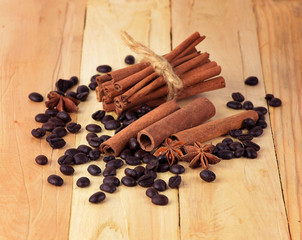 Cinnamon sticks with anise star and coffee beans