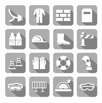 Occupational safety, personal safety, icons, monochromatic, gray. Vector icons with protective clothing and items of human security. White images on a gray background with shadow. 