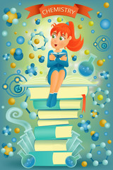 Ginger student girl, sitting on top of books. I love chemistry education concept.
