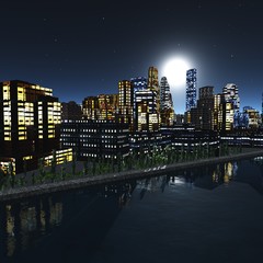 night city. Moon over skyscrapers.