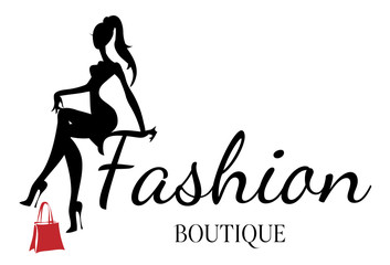 Fashion boutique logo with black and white woman silhouette vector