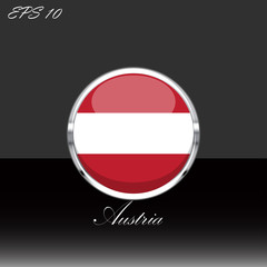Austria flag isolated on black background. Austian flag button in silver chrome ring. Austria sport competition participant. Web button, language sign, print graphic element. Clip art illustration